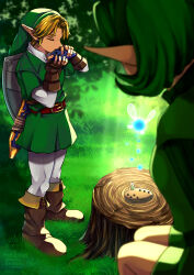 1boy 1girl absurdres belt blonde_hair closed_eyes collared_shirt earrings fairy forest full_body gauntlets gloves grass green_hair hairband highres instrument jewelry light_rays link looking_at_another mi9clous music nature navi nintendo ocarina playing_instrument pointy_ears saria_(zelda) scabbard sheath shield shield_on_back shirt standing the_legend_of_zelda the_legend_of_zelda:_ocarina_of_time tree_stump tunic
