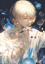 1boy absurdres adam&#039;s_apple bamboo bead_bracelet beads blonde_hair bracelet cardigan caustics creature ear_piercing earrings floating_earrings full_moon globe glowing green_eyes highres holding holding_stylus jellyfish jewelry lips looking_ahead looking_at_object male_focus mole mole_under_mouth moon moon_phases neck_tattoo original piercing shirt sleeves_rolled_up solo stylus sugsusug t-shirt tattoo upper_body water_drop white_cardigan white_shirt wispy_bangs
