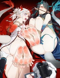 Rule 34 | 2girls, absurdres, arknights, ass, barefoot, bdsm, bondage, bound, bound arms, bound feet, bound toes, china dress, chinese clothes, disgust, dress, dusk (arknights), feet, foot focus, grabbing another&#039;s ass, groping, hao guangze yu, highres, looking back, mouth hold, multiple girls, nian (arknights), on ground, open mouth, pale skin, panties, side-tie panties, soles, tail, toes, underwear, video camera, white hair