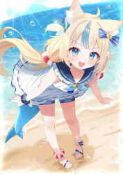 1girl ahoge animal_ear_fluff animal_ears beach blonde_hair blue_eyes blue_hair blue_nails blue_sky cat_ears dress fins fish_girl fish_tail highres indie_virtual_youtuber long_hair looking_at_viewer low_twintails multicolored_hair nail_polish open_mouth sameko_saba sand short_shorts shorts sky sleeveless sleeveless_dress smile solo streaked_hair tail toenail_polish toenails twintails very_long_hair virtual_youtuber water white_dress white_shorts yatani_row