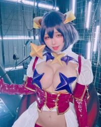 Rule 34 | 1girl, breasts, cleavage, corset, cosplay, hair ornament, highres, hiiragi utena, hiiragi utena (cosplay), large breasts, mahou shoujo ni akogarete, short hair, tagme, takanashihanari, tongue, wand, yellow eyes