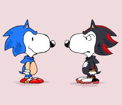 2boys angry cosplay gloves highres legs looking_at_another multiple_boys peanuts_(comic) shadow_the_hedgehog shoes smile snoopy sonic_(series) sonic_the_hedgehog thighs
