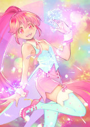 1girl :d aino_megumi blue_thighhighs breasts cleavage detached_collar female_focus floating_hair garter_straps hair_between_eyes happinesscharge_precure! high_heels jj_(ssspulse) lens_flare long_hair mary_janes open_mouth pink_neckwear pink_shorts polka_dot polka_dot_legwear precure red_eyes red_hair shoes short_shorts shorts sleeveless small_breasts smile solo standing standing_on_one_leg strappy_heels thighhighs very_long_hair wrist_cuffs zettai_ryouiki