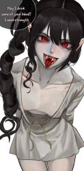 1girl black_hair breasts cowboy_shot drill_hair highres kkghost_tv open_mouth original pointy_ears red_eyes shiny_skin shirt simple_background small_breasts smile solo teeth tongue tongue_out vampire white_background white_shirt