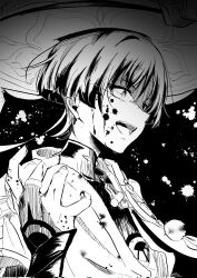 Rule 34 | 1boy, armor, black background, blood, blood on face, blunt ends, bodysuit, bridal gauntlets, curled fingers, fingernails, gem, genshin impact, glowing pupils, greyscale, hand up, highres, japanese armor, japanese clothes, juban, kimono, kote, looking to the side, male focus, mandarin collar, middle ring, monochrome, open clothes, open hand, open kimono, open mouth, partially shaded face, pom pom (clothes), purinigax, rope, scaramouche (genshin impact), short sleeves, solo, teeth, tsurime, upper teeth only, vision (genshin impact), wanderer (genshin impact), wispy bangs