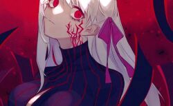 Rule 34 | 1girl, arisawa, black dress, breasts, cleavage cutout, clothing cutout, commentary request, corruption, dark sakura, dress, empty eyes, fate/stay night, fate (series), hair ribbon, heaven&#039;s feel, large breasts, long hair, looking at viewer, matou sakura, red background, red eyes, red ribbon, ribbon, solo, white hair, wide-eyed
