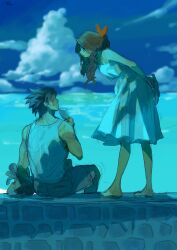 1boy 1girl absurdres aerith_gainsborough alternate_costume arms_behind_back bare_shoulders barefoot black_hair blue_sky brick_wall brown_hair cloud cloudy_sky crisis_core_final_fantasy_vii dress final_fantasy final_fantasy_vii food from_behind from_side full_body hair_ribbon highres holding holding_food holding_popsicle holding_unworn_clothes horizon leaning_forward long_hair looking_at_another nul ocean outdoors pink_ribbon popsicle profile ribbon short_hair sitting sky spiked_hair standing sweatdrop tank_top white_dress white_tank_top zack_fair