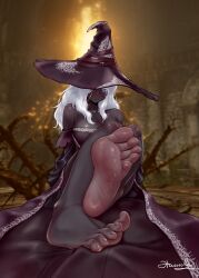 Rule 34 | 1girl, armpit crease, bare shoulders, blue eyes, blurry, blurry background, blush, bonfire, breasts, cleavage, closed mouth, dark-skinned female, dark skin, dorsiflexion, dress, elden ring, elden ring nightreign, feet, flamerush191, foot focus, foreshortening, hat, highres, huge breasts, indoors, knees up, legs together, long hair, looking at viewer, off-shoulder dress, off shoulder, one eye covered, photo background, purple dress, purple hat, recluse (elden ring), revision, signature, sitting, soles, solo, toenails, toes, very dark skin, white hair, witch hat
