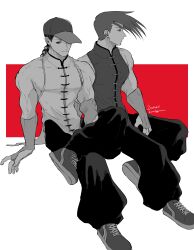 Rule 34 | 2boys, absurdres, bare shoulders, baseball cap, braid, bridal gauntlets, brothers, closed mouth, dated, figure four sitting, full body, hat, highres, ikinaribaguruna, light smile, long bangs, looking to the side, male focus, mandarin collar, multiple boys, one eye covered, pants, shoelaces, shoes, short hair, siblings, side-by-side, single braid, sitting, sleeveless, sneakers, street fighter, street fighter iii (series), twins, twitter username, yang lee, yun lee