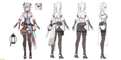 1girl ahoge atelier_(series) atelier_resleriana belt black_pantyhose blue_eyes breasts broken_horn brown_footwear reference_sheet closed_mouth collared_shirt from_behind from_side full_body gloves hair_between_eyes high_heels highres horns lantern long_hair long_sleeves looking_at_viewer medium_breasts multicolored_hair multiple_belts multiple_views necktie official_art pantyhose partially_fingerless_gloves pouch purple_hair purple_necktie second-party_source shirt shoes simple_background sparkle standing test_tube thigh_pouch tokki two-tone_hair valeria_(atelier) white_background white_shirt