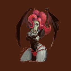 Rule 34 | 1girl, black dress, breasts, brown background, crossed arms, cthulhu mythos, dress, highres, large breasts, ln&#039;eta, moodymashroom, mouth with tentacles, pink hair, ponytail, solo, sucker for love