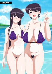Rule 34 | 2girls, :o, absurdres, age difference, beach, bikini, black hair, bottomless, breasts, female pubic hair, h-lab, highres, komi-san wa komyushou desu, komi shouko, komi shuuko, large breasts, looking at viewer, medium breasts, medium hair, mother and daughter, multiple girls, open mouth, pubic hair, pussy, size difference, smile, swimsuit, v, water