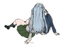 2girls a_jak bang_dream! bang_dream!_it&#039;s_mygo!!!!! black_ribbon black_shoes blue_hair blue_shirt blue_skirt green_skirt green_socks grey_jacket hair_ribbon haneoka_school_uniform jacket kiss kneehighs long_hair long_sleeves multiple_girls pleated_skirt ribbon school_uniform shirt shoes simple_background skirt socks togawa_sakiko tsukinomori_school_uniform twitter_username two_side_up wakaba_mutsumi white_background yuri
