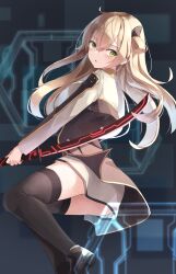 1girl ahoge black_boots black_thighhighs blonde_hair blush boots duel_monster foot_out_of_frame green_eyes hair_between_eyes hair_ornament holding holding_sword holding_weapon long_hair long_sleeves open_mouth skirt sky_striker_ace_-_raye solo sword thighhighs unagishirou weapon white_skirt yu-gi-oh!