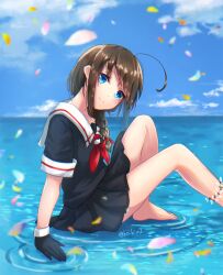1girl ahoge arm_support barefoot black_gloves black_shirt black_skirt blue_eyes blue_sky blush braid brown_hair cloud commentary_request day falling_petals foot_out_of_frame gloves hair_over_shoulder horizon kantai_collection kiuzu_(ko_kiu2) looking_at_viewer no_shoes no_socks on_water petals pleated_skirt sailor_collar school_uniform serafuku shigure_(kancolle) shirt short_sleeves sidelocks single_braid sitting skirt sky smile solo swept_bangs twitter_username water white_sailor_collar