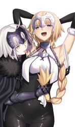 Rule 34 | 2girls, absurdres, armored gloves, armpits, arms behind head, black cape, black gloves, blonde hair, blue eyes, braid, breasts, cape, commentary, elbow gloves, english commentary, fate/grand order, fate (series), feathers, gloves, headpiece, highres, jeanne d&#039;arc (fate), jeanne d&#039;arc alter (fate), large breasts, long hair, longdq3008, looking at another, looking at viewer, multiple girls, navel, open mouth, simple background, single braid, smile, tickling, tickling armpits, tongue, tongue out, very long hair, white background, yellow eyes