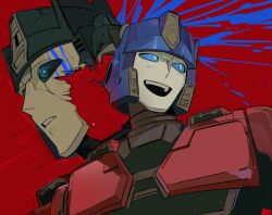 1boy blood blue_blood blue_eyes blue_sclera character_request check_character colored_sclera cracked_skin humanoid_robot injury looking_to_the_side male_focus multiple_views open_mouth orion_pax orion_pax_(transformers_one) parted_lips red_background reorkkaxxa robot sideways_glance teeth transformers transformers_one upper_teeth_only wide-eyed