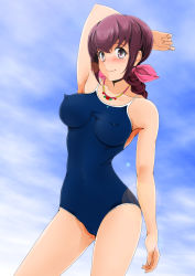 1girl arm_behind_head arm_up armpits blue_one-piece_swimsuit blue_sky blush breasts brown_eyes brown_hair closed_mouth cloud cloudy_sky commentary covered_erect_nipples cowboy_shot crotch_seam day female_focus gluteal_fold hair_ribbon highres hoshizora_ikuyo jewelry lens_flare long_hair looking_at_viewer mature_female medium_breasts nanashi_noiji necklace one-piece_swimsuit outdoors pink_ribbon ponytail precure ribbon school_swimsuit sky smile smile_precure! solo standing swimsuit