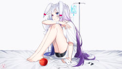1girl absurdres animal_ears apple barefoot bed_sheet bike_shorts black_shorts blue_eyes blue_hair body_writing cellphone closed_mouth drawing_on_another&#039;s_face earbuds earphones fingernails food fruit gradient_hair grey_background highres holding holding_phone intravenous_drip multicolored_hair original phone purple_hair rabbit_ears apple red_eyes shirt short_shorts short_sleeves shorts silver_hair sitting the_cold toenails white_shirt