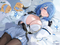 1girl animal azur_lane bed_sheet belt bird black_belt black_gloves black_pantyhose blue_hair blush breasts brown_pantyhose chain chapayev_(azur_lane) chick cleavage cleavage_cutout closed_mouth clothing_cutout copyright_name copyright_notice flower fur_trim gloves hair_ornament hair_over_one_eye hairclip half-closed_eyes hat highres jacket large_breasts logo long_sleeves looking_at_viewer lying manjuu_(azur_lane) medium_hair military_hat miniskirt mole mole_on_breast momokan_(kandume200) non-web_source official_art on_back on_bed pantyhose peaked_cap petals pillow pleated_skirt purple_eyes skirt swept_bangs thighs unworn_hat unworn_headwear white_hat white_jacket white_skirt