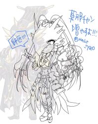 Rule 34 | 1boy, 1girl, armor, armored dress, black bodysuit, bodysuit, chibi, covered eyes, dragon girl, dragon tail, dress, headgear, helmet, helmet over eyes, japanese text, long dress, long hair, looking at viewer, mask, mask on head, masked, masked male, nacht 7810, rough sketch, sketch, skirt, swordsoul (yu-gi-oh!), swordsoul of mo ye, swordsoul strategist longyuan, tail, yu-gi-oh!