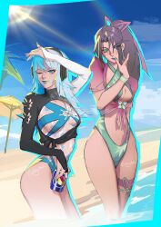 2girls ball beachball blue_eyes blue_hair breasts butterfly_ornament cleavage curvy ennyaaart green_lips green_one-piece_swimsuit hair_ribbon highleg highleg_one-piece_swimsuit highres holding holding_ball holding_beachball large_breasts long_hair looking_at_viewer luna_snow luna_snow_(cool_summer) marvel marvel_rivals multiple_girls official_alternate_costume one-piece_swimsuit one_eye_closed ponytail psylocke psylocke_(breezy_butterfly) purple_hair purple_lips ribbon shiny_skin swimsuit two-tone_swimsuit water white_hair wide_hips x-men