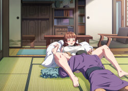 Rule 34 | 1girl, antenna hair, barefoot, blush, bookshelf, breasts, brown hair, chair, closed eyes, cunnilingus, embarrassed, feet, highres, hokkyoku hotaru, ichizoku no okite ni shitagai kenage na seiso tsuma ga gifu ni shusei ochi suru made, indoors, large breasts, legs, long hair, lying, on stomach, open mouth, oral, original, pillow, skirt, spread legs, table, tatami, thighs, toes, unworn skirt