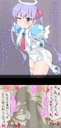 1girl boots breasts cameltoe commentary_request covered_navel djibril_aries elbow_gloves energy_wings gloves green_eyes halo heart highres implied_sex instant_loss jinno_hikari long_hair magical_girl makai_tenshi_djibril makai_tenshi_djibril_2 medium_breasts necktie one-piece_swimsuit purple_hair ribbon school_swimsuit silhouette speech_bubble swimsuit swimsuit_costume takahashi_(k2ta7) thigh_boots thigh_strap thighhighs thighs translation_request twintails white_footwear white_gloves white_one-piece_swimsuit white_thighhighs wings