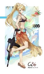 1girl bikini blonde_hair blue_eyes english_text food fruit g36_(girls&#039;_frontline) girls&#039;_frontline gun highres meng_ziya solo standing standing_on_one_leg swimsuit watermelon weapon