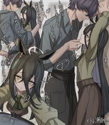 Rule 34 | 1boy, 1girl, absurdres, animal ears, ascot, black hair, black pants, blush, brown pants, closed mouth, green ascot, green shirt, grey shirt, hair between eyes, hand on another&#039;s chin, hand on another&#039;s neck, highres, holding another&#039;s wrist, horse ears, horse girl, horse tail, hug, kabedon, leogust, long bangs, long hair, manhattan cafe (umamusume), pants, pantyhose, parted lips, pov, purple hair, shirt, short hair, smile, sweat, tail, trainer (umamusume), umamusume, yellow eyes