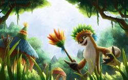 :d commentary day english_commentary grass happy highres holding lutari neopets open_mouth outdoors puffycute66 sky smile standing tree tribal white_sky