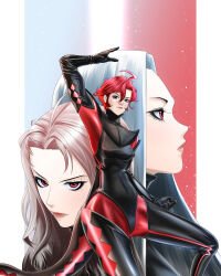 Rule 34 | 3girls, absurdres, bodysuit, boots, gloves, highres, leather, leather boots, leather gloves, leather suit, multiple girls, nagaomono, original, red hair, superhero costume, tail, thigh boots, thighhighs