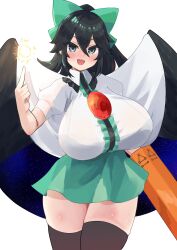 1girl absurdres arm_cannon bird_wings black_hair black_thighhighs black_wings blue_eyes bow bra_visible_through_clothes breasts cape center_frills control_rod_(touhou) cowboy_shot double-parted_bangs fang frilled_shirt_collar frills green_bow green_skirt hair_between_eyes hand_up highres huge_breasts open_mouth pointing puffy_short_sleeves puffy_sleeves reiuji_utsuho shinonome_zakuro shirt short_sleeves skirt solo thighhighs third_eye third_eye_on_chest touhou unyu weapon white_background white_shirt wings