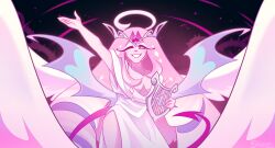 1girl angel angel_wings breasts cleavage colored_skin cookie_run cookie_run:_kingdom dress eternal_sugar_cookie eyes_on_wings halo harp highres holding holding_instrument holding_lyre instrument long_hair looking_at_viewer lyre pink_eyes pink_hair pink_skin shandzii solo very_long_hair white_dress wings