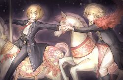 09gugugu 2girls black_coat black_pants blonde_hair carousel coat don_quixote_(project_moon) feather_boa highres holding_hands limbus_company long_sleeves looking_at_another multiple_girls open_mouth pants parted_bangs project_moon purple_background sancho_(project_moon) shirt short_hair simple_background sitting upper_body white_pants white_shirt yellow_eyes