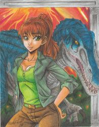 1girl 2018 absurdres artist_name belt breasts brown_hair brown_pants claire_dearing_(jurassic_world) claws cleavage collarbone colored_sclera dinosaur fangs green_eyes green_jacket green_shirt hand_on_own_hip highres jacket jurassic_park jurassic_world jurassic_world:_fallen_kingdom medium_breasts open_clothes open_jacket pants parted_lips ponytail ravernclouk_design sharp_teeth shirt smile teeth traditional_media yellow_sclera