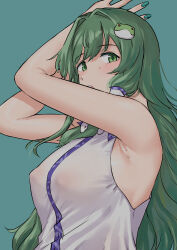 1girl absurdres armpits breasts commentary_request covered_erect_nipples frog_hair_ornament green_background green_eyes green_hair green_nails hair_intakes hair_ornament hair_tubes highres kochiya_sanae large_breasts looking_at_viewer looking_to_the_side nontraditional_miko partial_commentary pondo_(peng-model) see-through_clothes simple_background single_hair_tube snake_hair_ornament solo sweat touhou translucent