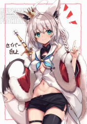Rule 34 | 1girl, absurdres, ahoge, animal ear fluff, animal ears, black thighhighs, blue neckerchief, blush, braid, breasts, fox ears, fox girl, fox tail, green eyes, hair between eyes, highres, hololive, long hair, looking at viewer, navel, neckerchief, ral (ralf), sailor collar, shirakami fubuki, shirt, sidelocks, simple background, single braid, single thighhigh, smile, solo, tail, thigh strap, thighhighs, virtual youtuber, watermark, white hair, white sailor collar, white shirt