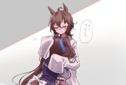 2girls affectionate agnes_tachyon_(umamusume) ahoge animal_ears blush bow brown_hair brown_tail closed_eyes comforting commentary daiwa_scarlet_(umamusume) hand_on_another&#039;s_head hand_on_another&#039;s_shoulder head_on_chest highres horse_ears horse_girl horse_tail hug lab_coat long_hair long_sleeves motion_lines multiple_girls pleated_skirt purple_serafuku school_uniform serafuku short_hair skirt sleeves_past_fingers sleeves_past_wrists smile speech_bubble tail tracen_school_uniform translation_request tsukasa_(avdx5538) twintails u_u umamusume very_long_hair white_bow winter_uniform