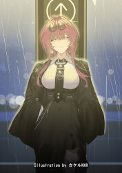 1girl alternate_costume artist_name black_jacket black_necktie black_skirt breasts closed_mouth collared_shirt commentary_request covered_navel cowboy_shot earrings eyewear_on_head glasses high-waist_skirt highres honkai:_star_rail honkai_(series) jacket jewelry kafka_(honkai:_star_rail) large_breasts long_skirt looking_at_viewer necktie no_eyewear pince-nez purple_eyes purple_hair rain revision round_eyewear shirt skirt smile solo spider_web_print srpzk sunglasses white_shirt