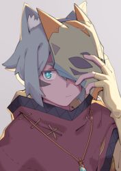 Rule 34 | 1girl, absurdres, animal ear fluff, animal ears, blue eyes, blue hair, brown capelet, capelet, closed mouth, commentary, frown, grey background, highres, holding, holding mask, jewelry, kokuya (kokuya28), looking at viewer, mask, necklace, ookami yuki (kokuya28), original, short hair, simple background, solo, upper body, wolf ears, wolf girl