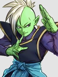 Rule 34 | 1boy, battle stance, blue sash, colored skin, dragon ball, dragon ball super, earrings, green skin, jewelry, kemachiku, long sleeves, looking ahead, mohawk, pointy ears, potara earrings, purple eyes, purple shirt, sash, shirt, short hair, smile, solo, white background, white hair, zamasu