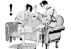 ! 1girl ascot barefoot bowl breasts cleavage collared_shirt couch eyepatch foot_bath full_body furrowed_brow glasses greyscale hair_bun hair_over_one_eye hand_fan hange_zoe holding holding_bowl holding_fan holding_spoon levi_(shingeki_no_kyojin) medium_breasts medium_hair monochrome pants pants_rolled_up parted_bangs qui_dui_zi shingeki_no_kyojin shirt short_hair sitting soaking_feet spoon survey_corps_(emblem) sweatdrop three-dimensional_maneuver_gear twitter_username white_ascot white_background