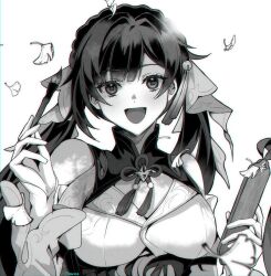 1girl bell calligraphy_brush commentary english_commentary greyscale hair_bell hair_ornament highres holding_calligraphy_brush holding_paintbrush honkai:_star_rail honkai_(series) leaf long_hair looking_at_viewer monochrome open_mouth seha solo sushang_(honkai:_star_rail) twintails twitter_username upper_body wood