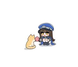 Rule 34 | 1girl, blue headwear, blue jacket, blue necktie, brown eyes, brown hair, candy, cat, chibi, diesel (nikke), food, goddess of victory: nikke, hair between eyes, hat, highres, jacket, jacket on shoulders, kiwi forest, kiwichip, lollipop, long hair, military hat, military jacket, military uniform, necktie, open clothes, open jacket, peaked cap, shirt, sidelocks, simple background, skirt, squatting, striped necktie, white background, white shirt, white skirt