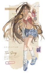 Rule 34 | 1girl, blonde hair, blue eyes, blue shoes, blue skirt, breasts, brown hair, colored inner hair, earrings, english text, frilled skirt, frills, full body, grin, hand up, highres, holding, jewelry, leg warmers, looking at viewer, medium breasts, multicolored hair, multicolored shoes, navel, original, shoes, skirt, smile, solo, star (symbol), star earrings, sudong tangyuan, teeth, twitter username, two-tone hair, two-tone shoes, white arm warmers, white leg warmers, white shoes