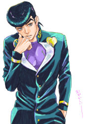 Rule 34 | 1boy, anchor (symbol), bad id, bad pixiv id, blue eyes, blue hair, diamond is not crash, dororosso, gakuran, hand in pocket, heart, higashikata josuke, jojo no kimyou na bouken, male focus, matching hair/eyes, peace symbol, pompadour, school uniform, simple background, solo