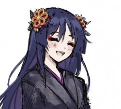 Rule 34 | 1boy, alternate costume, alternate hair length, alternate hairstyle, androgynous, black hair, black kimono, blunt ends, blush, closed eyes, eyeliner, eyeshadow, facing viewer, genshin impact, hair ornament, highres, japanese clothes, juban, kimono, long hair, makeup, male focus, open mouth, portrait, purple hair, purple kimono, red eyeliner, red eyeshadow, scaramouche (genshin impact), scaramouche (kabukimono) (genshin impact), sgm618, sketch, solo, teeth, upper teeth only, white background, wispy bangs