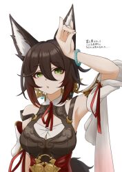 1girl :o animal_ears aqua_bracelet arm_at_side arm_up armpits bracelet breasts brown_hair detached_sleeves eyeliner flipped_hair fox_ears fox_shadow_puppet gradient_hair green_eyes hair_between_eyes honkai:_star_rail honkai_(series) jewelry long_hair_between_eyes looking_at_viewer makeup medium_breasts multicolored_hair neck_ribbon open_mouth red_eyeliner red_hair red_ribbon ribbon short_hair short_sleeves simple_background sleeveless solo strap_slip tingyun_(harmony)_(honkai:_star_rail) tingyun_(honkai:_star_rail) upper_body white_background white_sleeves wide_sleeves youdie