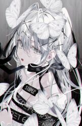 1girl ahoge bare_shoulders black_ribbon bug butterfly commentary grey_eyes grey_hair hair_ornament hairclip highres insect long_hair looking_at_viewer mole mole_under_eye open_mouth original ribbon shia_job solo teeth white_butterfly x_hair_ornament